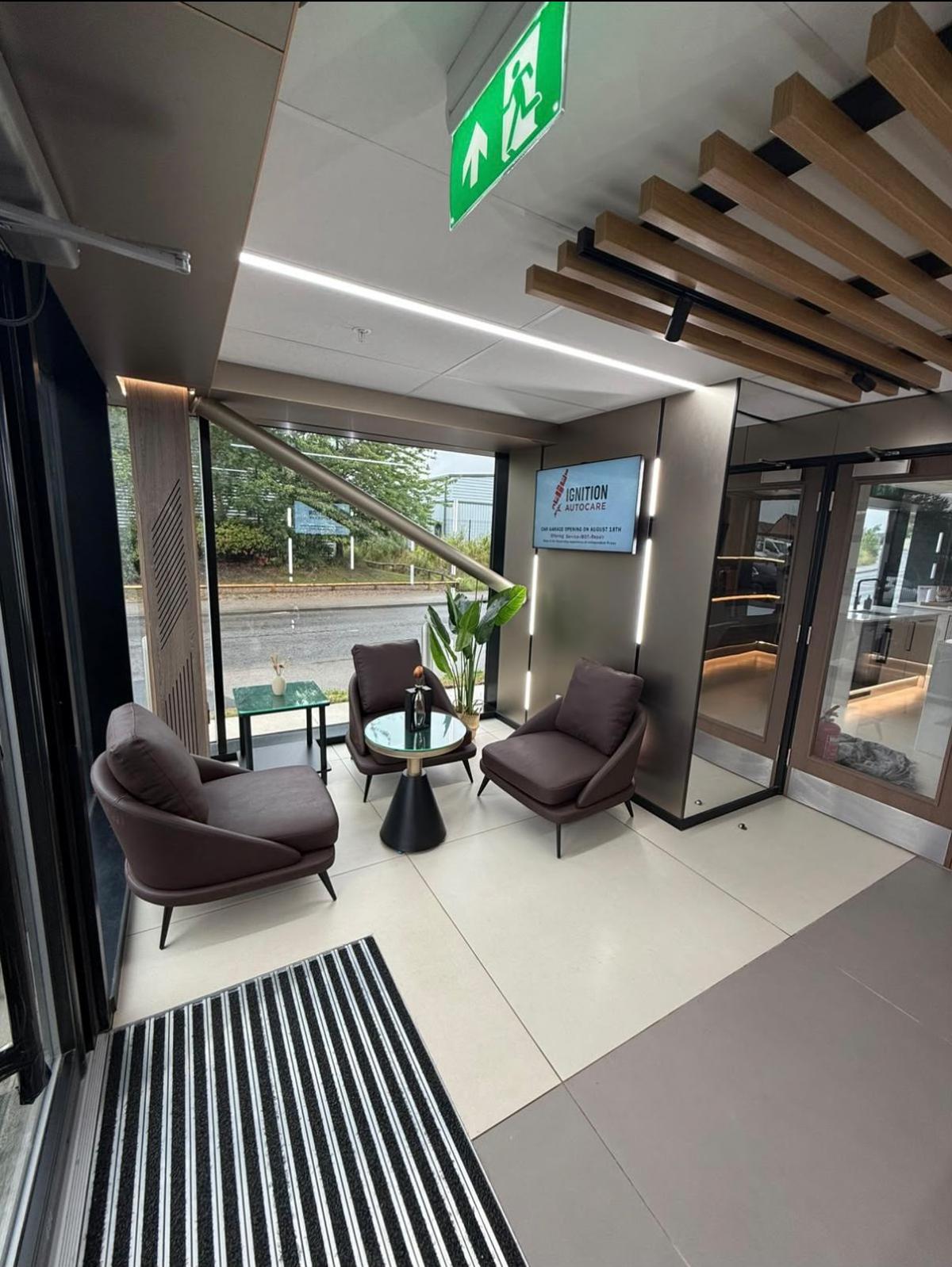 Comfortable customer waiting lounge at Ignition Autocare